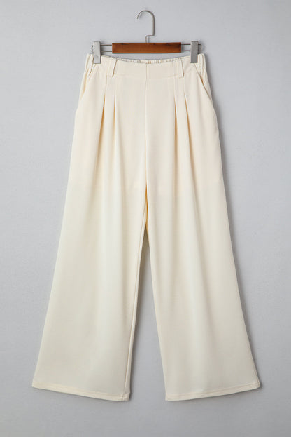 Solid Textured Elastic Waist Wide Leg Pants
