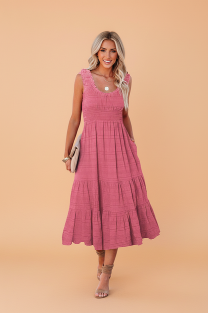 Shirred Pleated Square Neck Sleeveless Midi Dress
