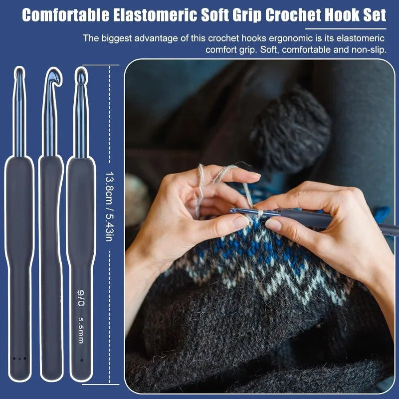 9pcs Dark Blue Crochet Hooks Ergonomic Soft Grips, 9PCS Crochet Set