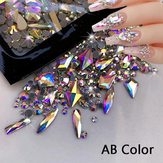 1Bag 3D AB/Clear Mixed-Shaped Round Nail Art Charms Sparkly Flatback