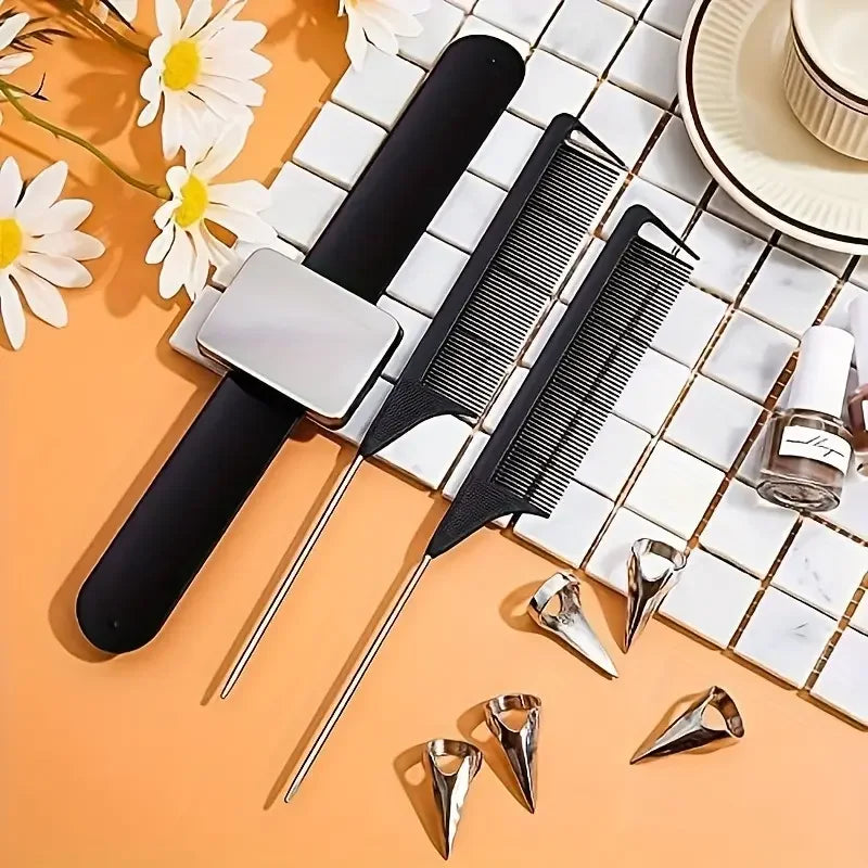 10pcs Hair Parting Ring Set with 3 Steel Rat Tail Braiding Combs,