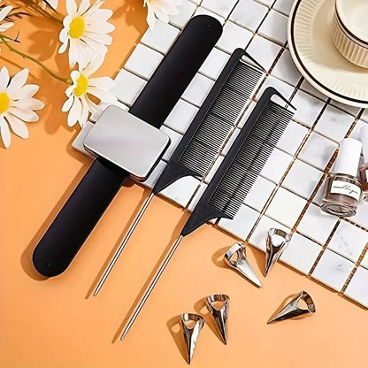 10pcs Hair Parting Ring Set with 3 Steel Rat Tail Braiding Combs,