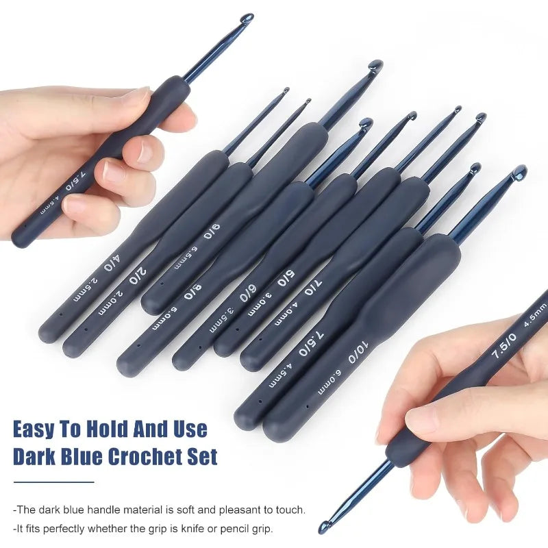 9pcs Dark Blue Crochet Hooks Ergonomic Soft Grips, 9PCS Crochet Set