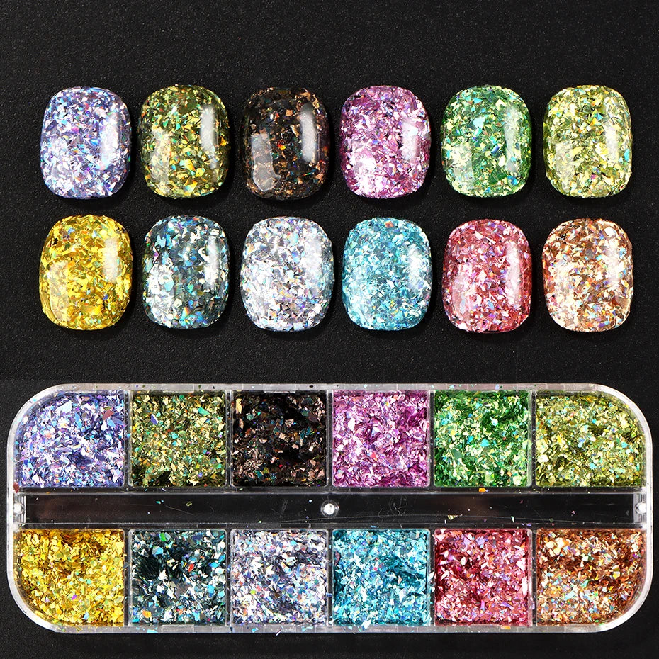 12 Grids Holographic Glitter Nail Art Sequins Sparkly Irregular Nail