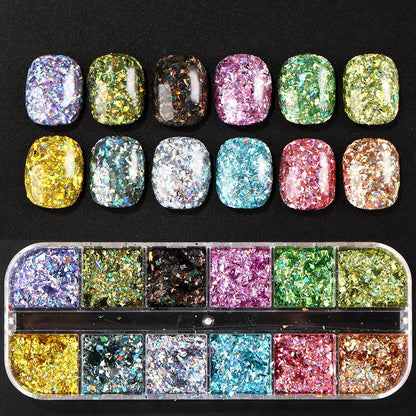 12 Grids Holographic Glitter Nail Art Sequins Sparkly Irregular Nail