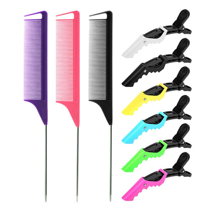 9Pc Alligator Clips Hairdresser Clips Steel Needle Tip Tail Comb Heat