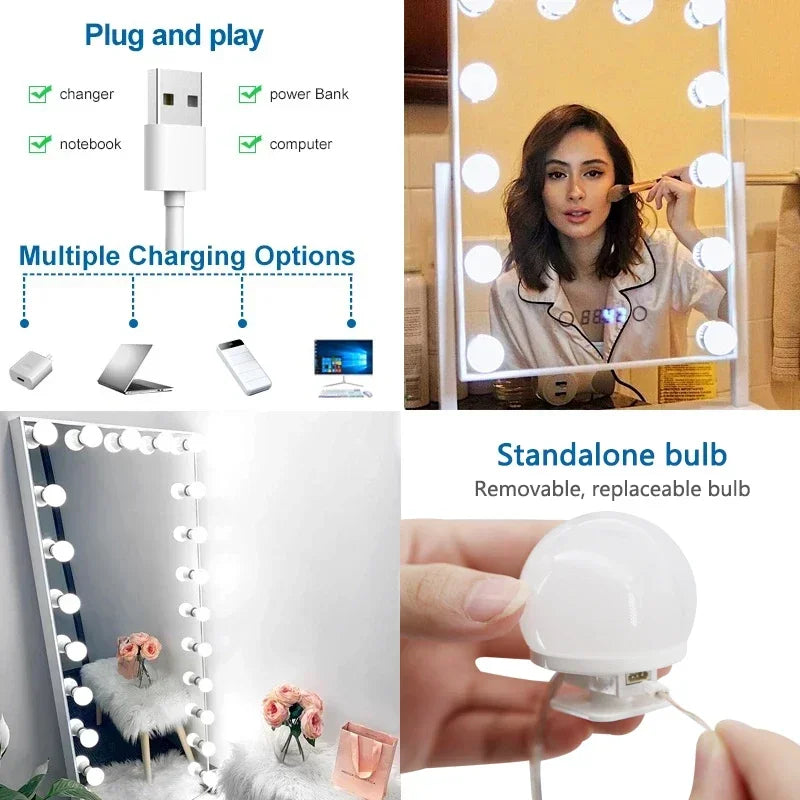 LED Detachable Bulbs Professional Makeup Mirror Lamp USB Power