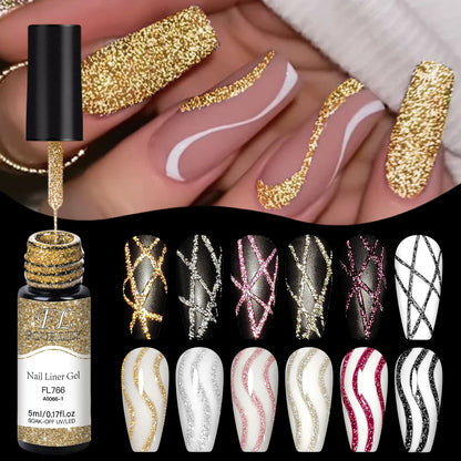 FOUR LILY 5ml Reflective Glitter Liner Nail Gel Polish Gold Silver Red
