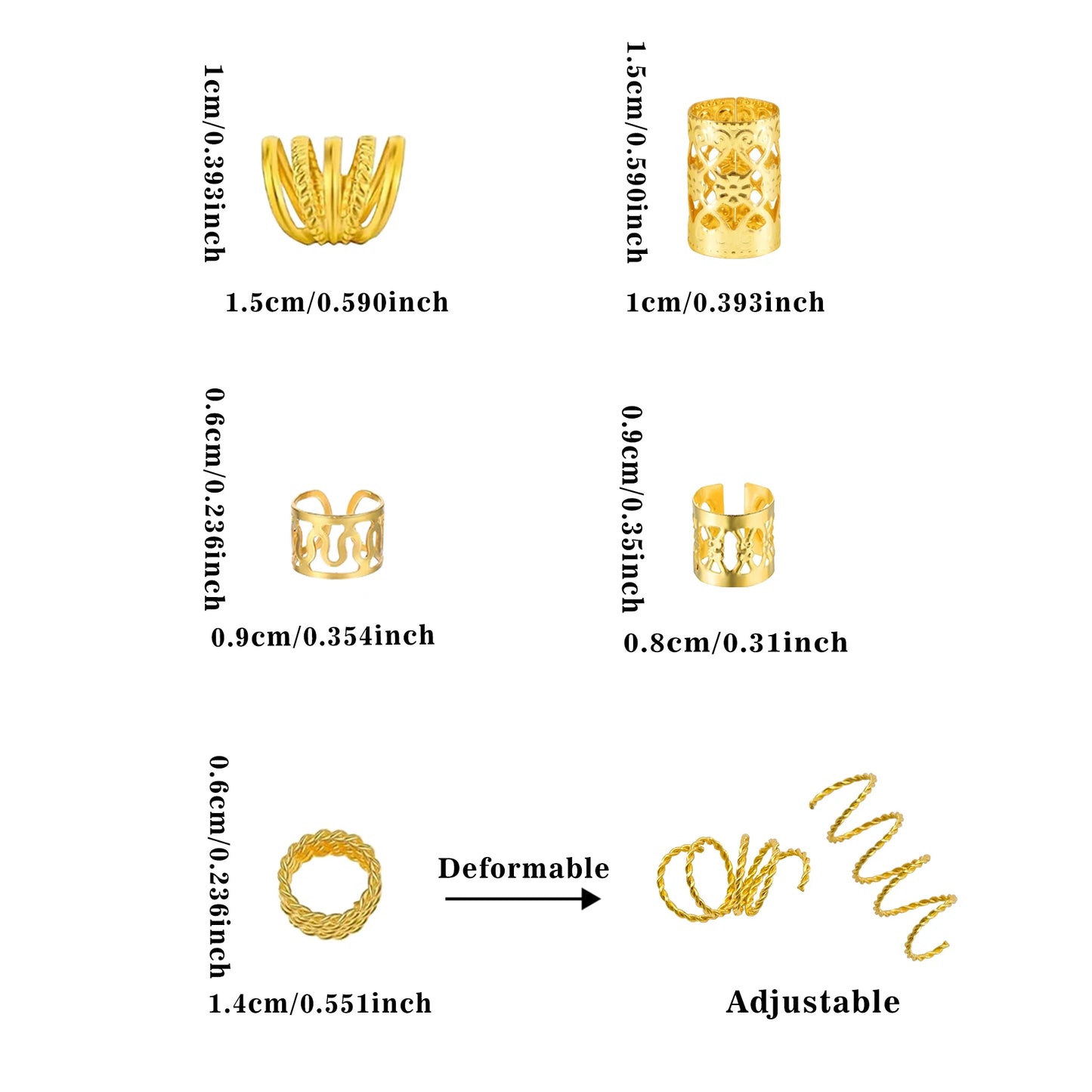 110 Pcs Gold Hair Jewelry for Braids and Dreadlocks - Metal Rings,