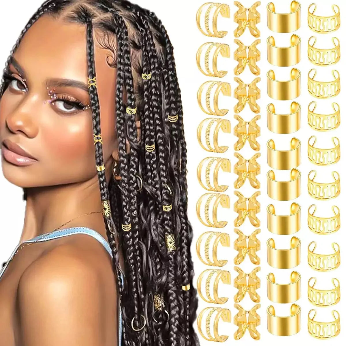 40PCS Hair Jewelry for Braids  Hair Cuffs Multi Style Rings Adjustable