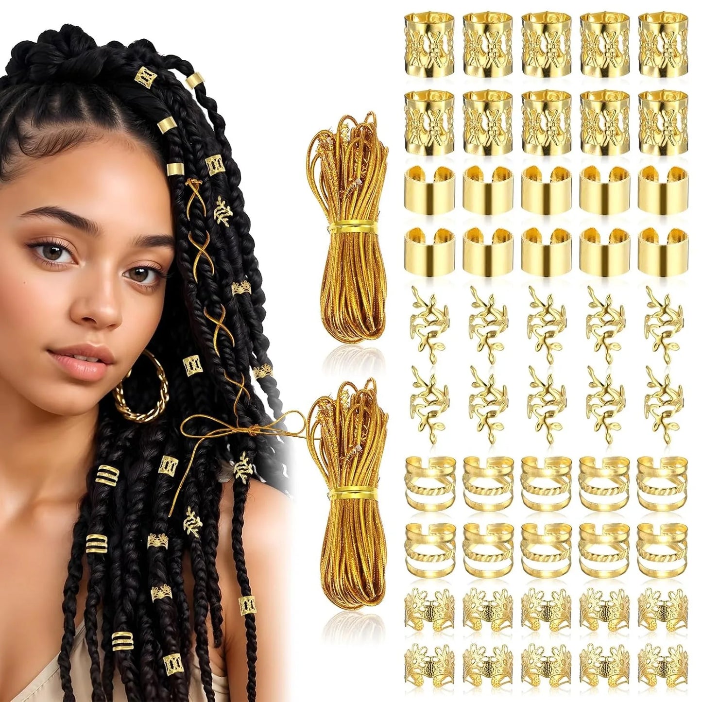 52Pcs Gold Hair Jewelry for Braids Accessories contain Hair Ropes For
