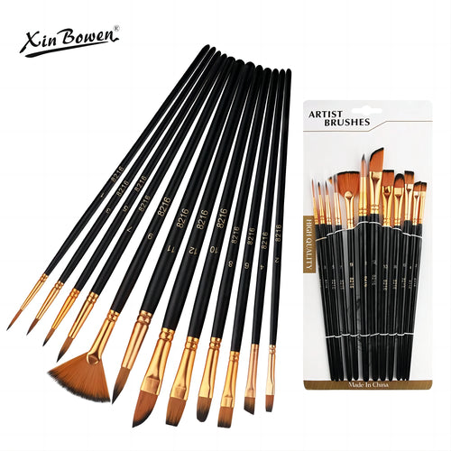 12 PCS Nylon Bristle Brushes Set for Artists And Amateurs - Flat