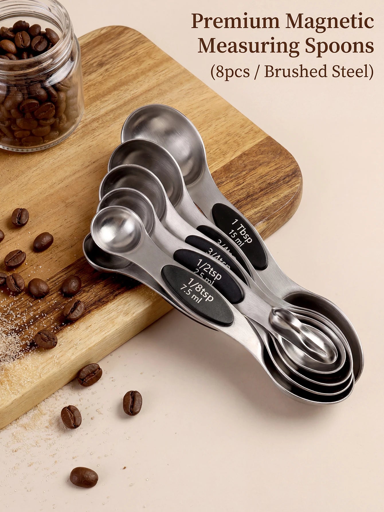 Pack of 8 Stainless Steel Magnetic Measuring Spoons Set, Dual Sided,
