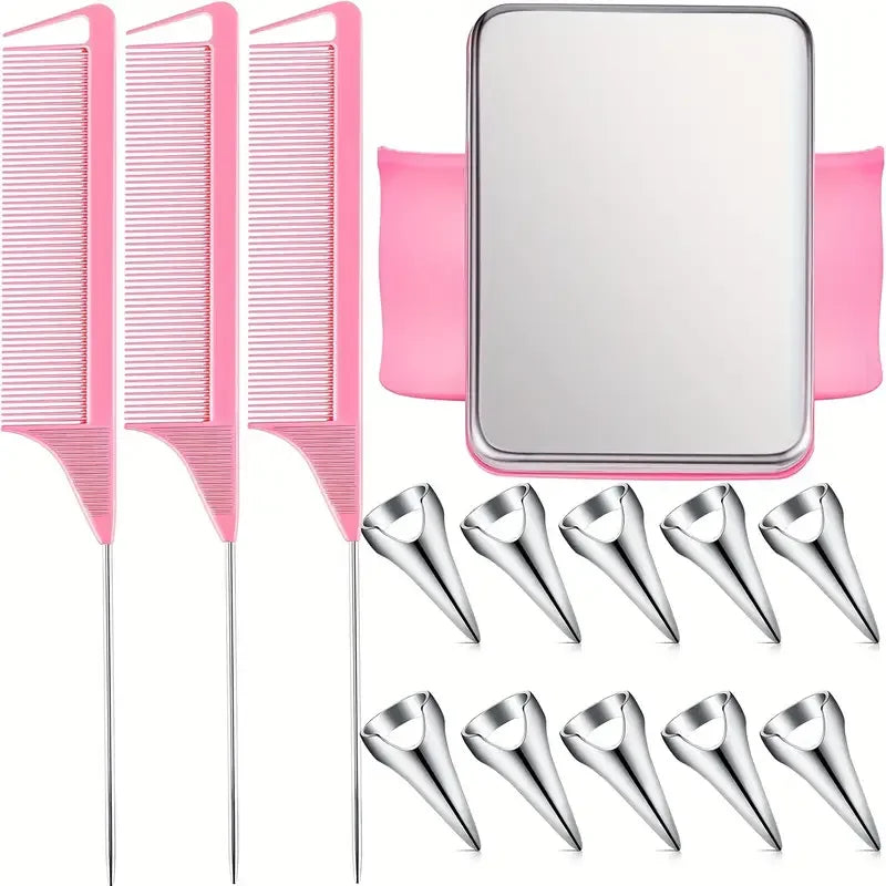 10pcs Hair Parting Ring Set with 3 Steel Rat Tail Braiding Combs,