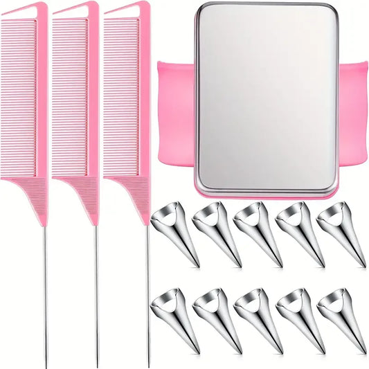 10pcs Hair Parting Ring Set with 3 Steel Rat Tail Braiding Combs,