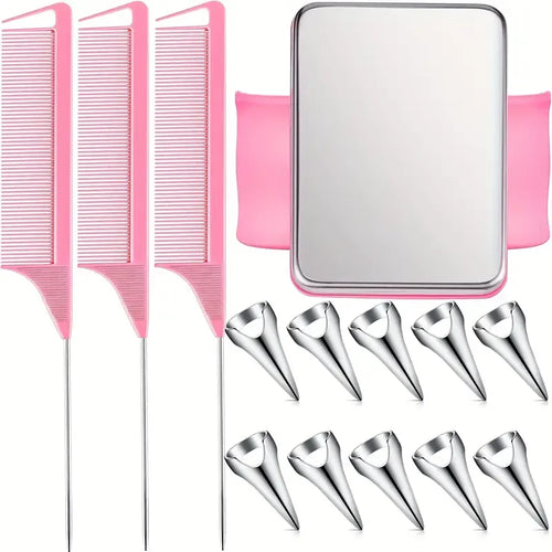 10pcs Hair Parting Ring Set with 3 Steel Rat Tail Braiding Combs,