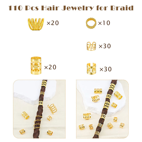 110 Pcs Gold Hair Jewelry for Braids and Dreadlocks - Metal Rings,