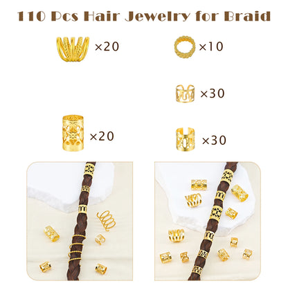 110 Pcs Gold Hair Jewelry for Braids and Dreadlocks - Metal Rings,