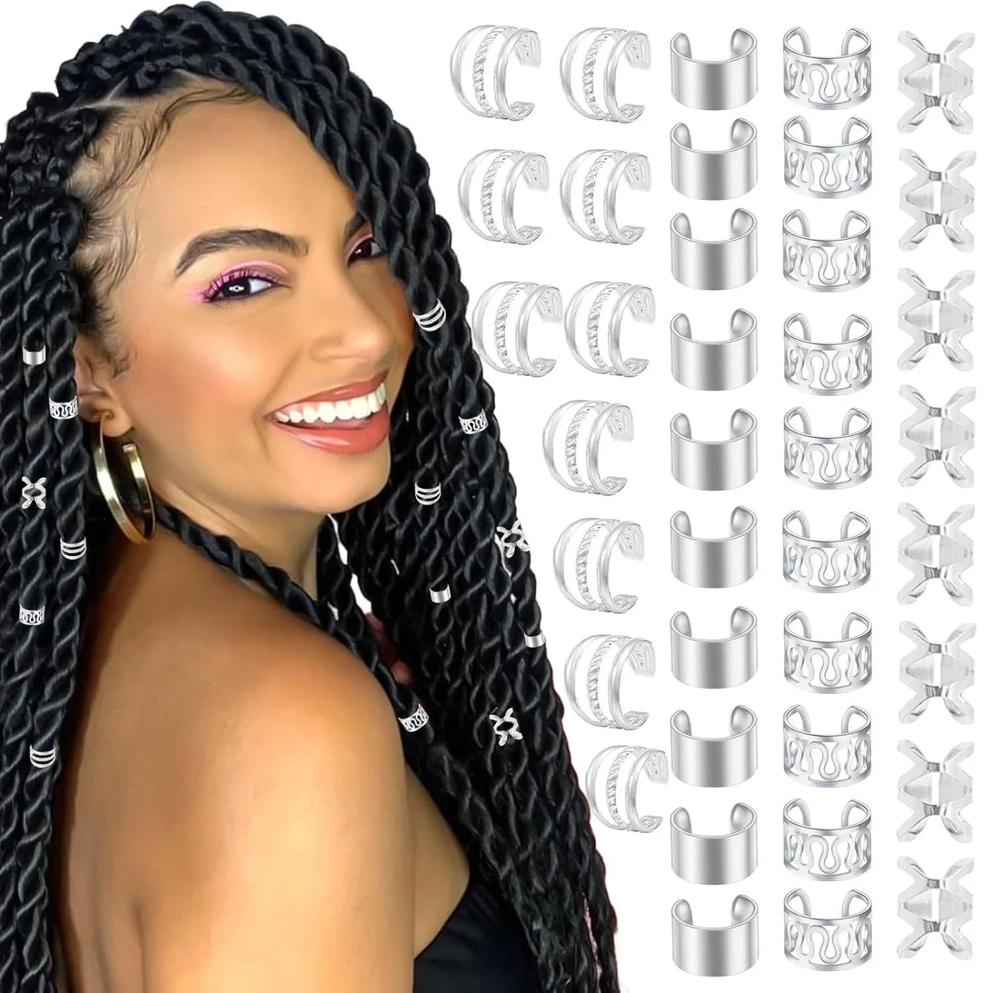 40PCS Hair Jewelry for Braids  Hair Cuffs Multi Style Rings Adjustable