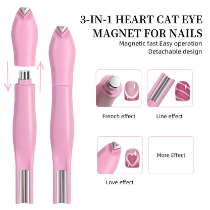 1Pcs 3-In-1 Heart Shape Cat Eye Nail Art Magnet Double Line Moon Snake