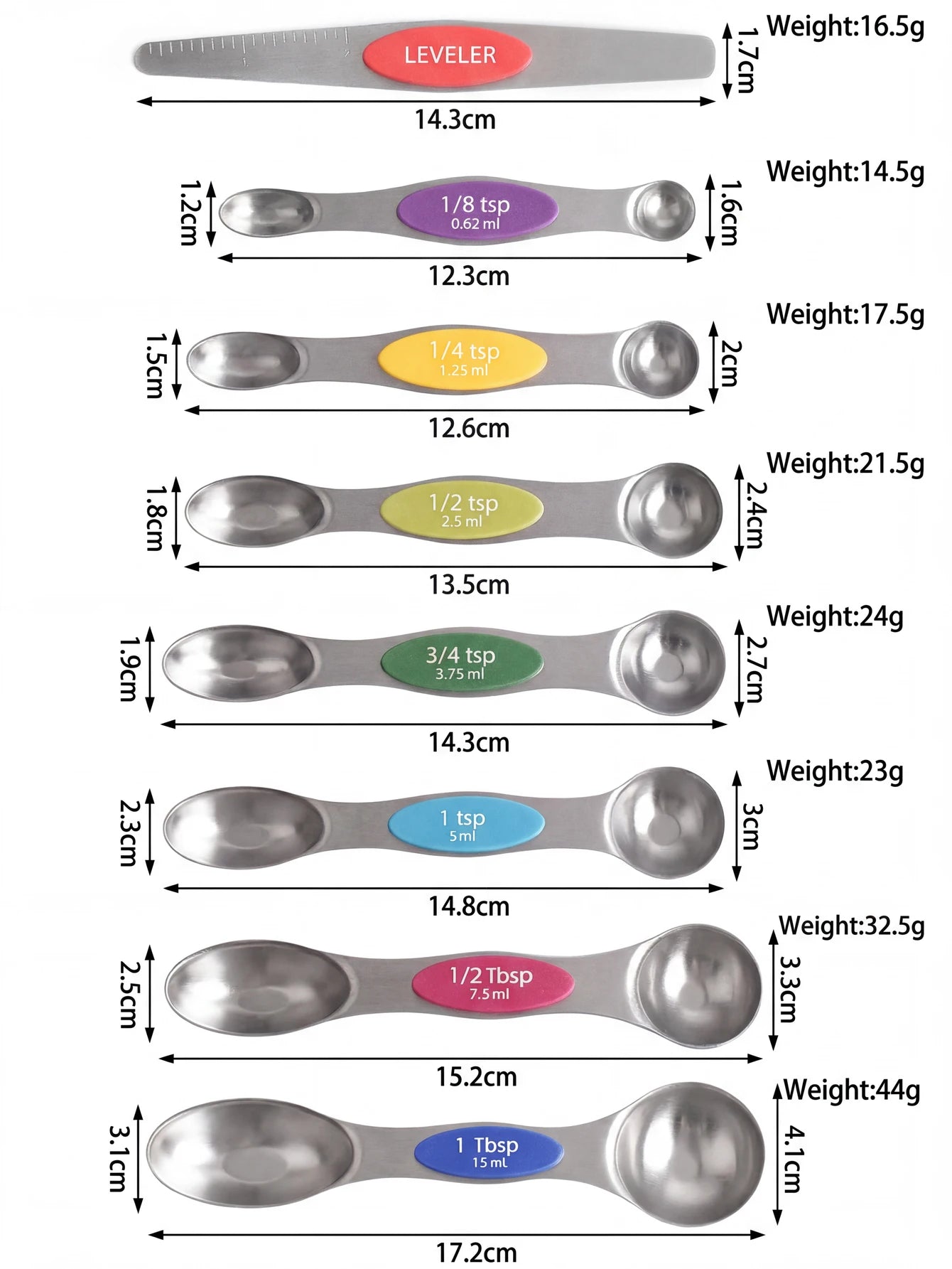 Pack of 8 Stainless Steel Magnetic Measuring Spoons Set, Dual Sided,