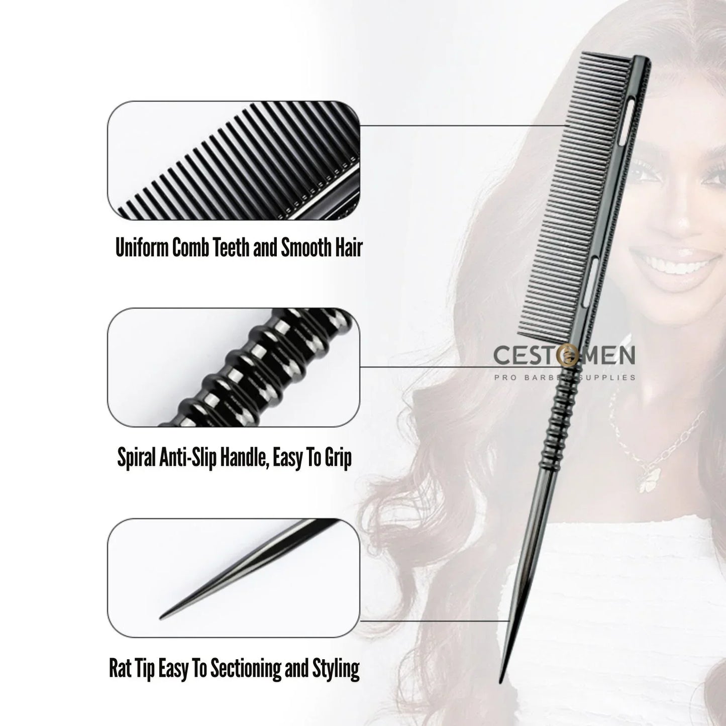 New Design Rat Tail Aluminium Styling Comb Professional Barber Heat