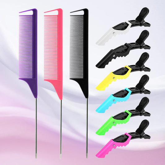 9Pc Alligator Clips Hairdresser Clips Steel Needle Tip Tail Comb Heat