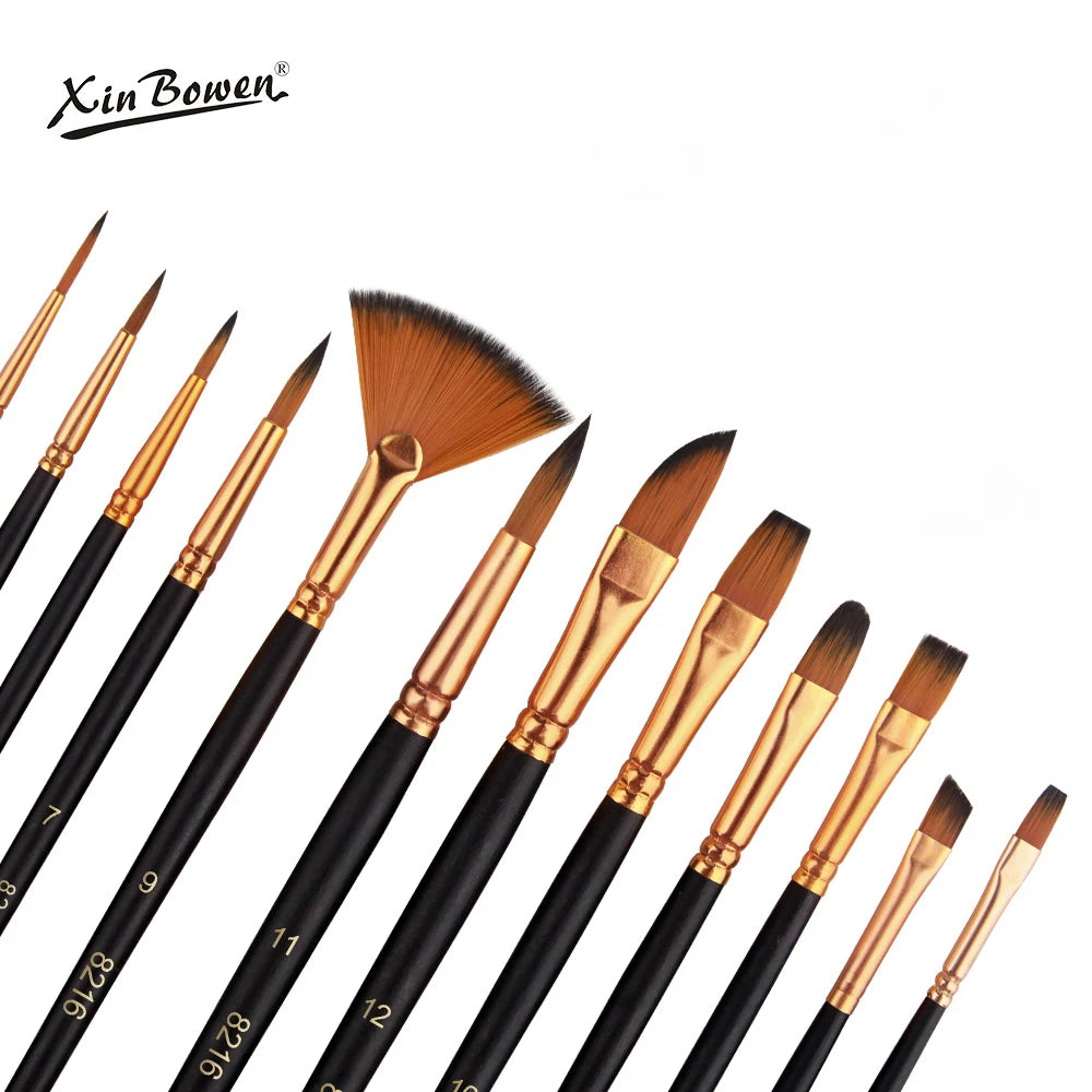 12 PCS Nylon Bristle Brushes Set for Artists And Amateurs - Flat