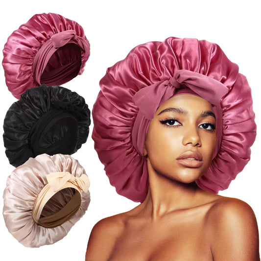 New Women Large Satin Bonnet Silky Night Sleeping Cap with Stretchy