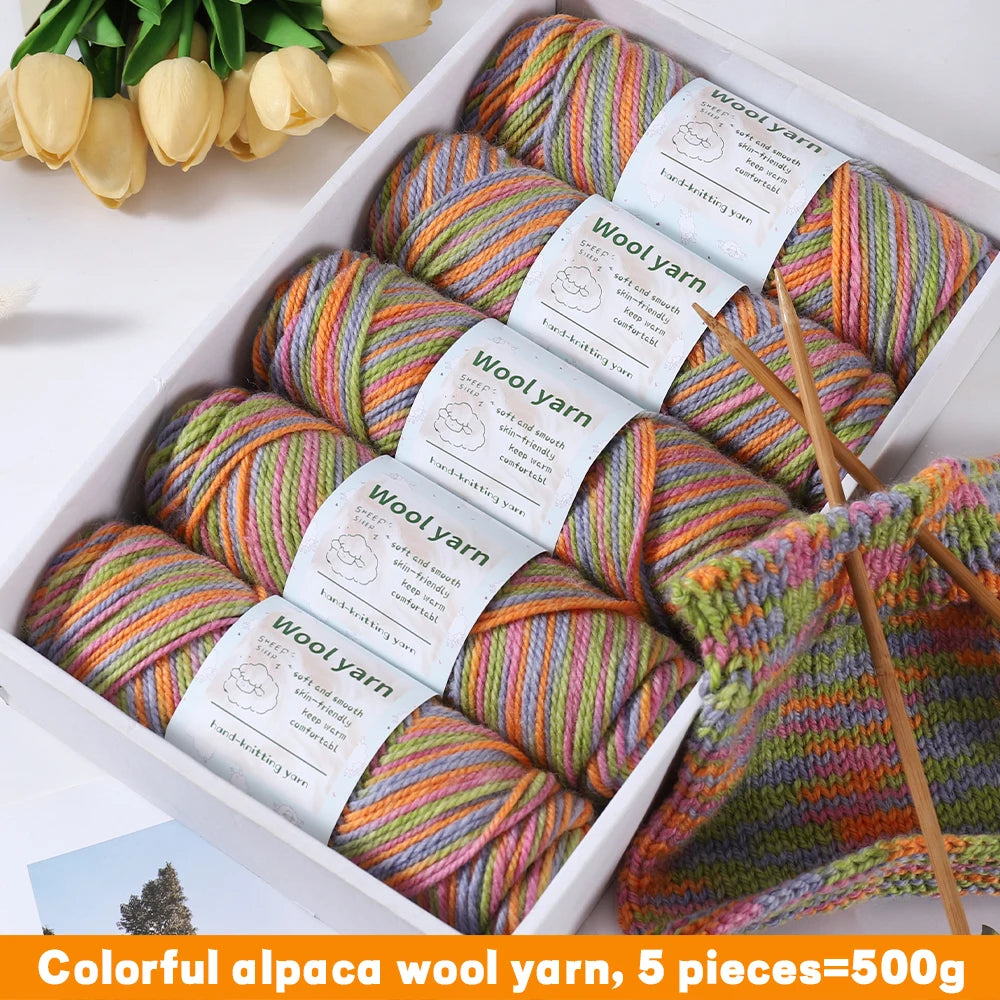 500g Gradient Dyed Rainbow Alpaca Wool Yarn, Thick Yarn for Hand
