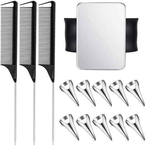 10pcs Hair Parting Ring Set with 3 Steel Rat Tail Braiding Combs,