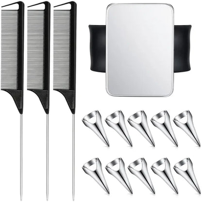 10pcs Hair Parting Ring Set with 3 Steel Rat Tail Braiding Combs,