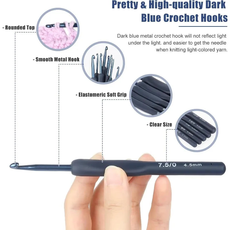 9pcs Dark Blue Crochet Hooks Ergonomic Soft Grips, 9PCS Crochet Set