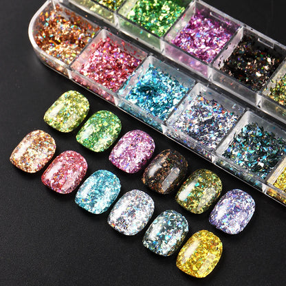 12 Grids Holographic Glitter Nail Art Sequins Sparkly Irregular Nail