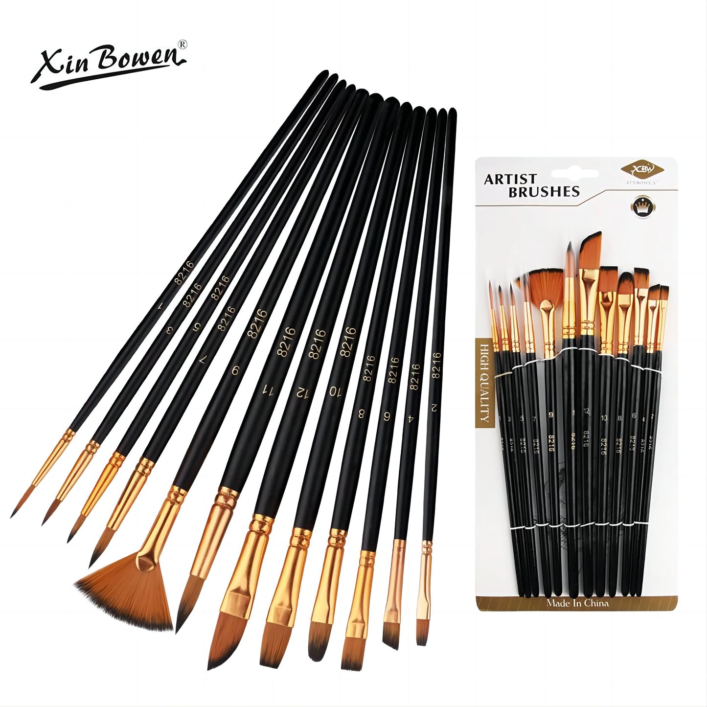 12 PCS Nylon Bristle Brushes Set for Artists And Amateurs - Flat
