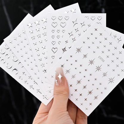 6 Sheets Metal Silver Nail Stickers Metallic 3D Star Nail Art Stickers