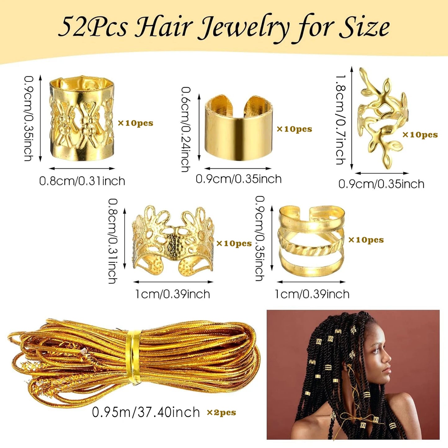 52Pcs Gold Hair Jewelry for Braids Accessories contain Hair Ropes For