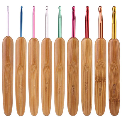 9Pcs Bamboo Crochet Hooks Set Lace Crochet Needles 2.0mm 6.0mm
