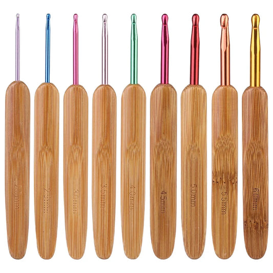 9Pcs Bamboo Crochet Hooks Set Lace Crochet Needles 2.0mm 6.0mm