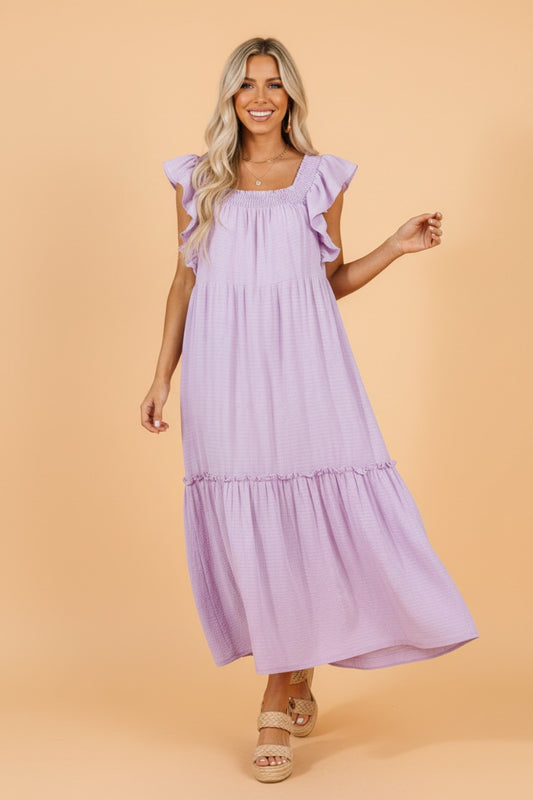 Ruffle Flutter Sleeve Square Neck Textured Maxi Dress