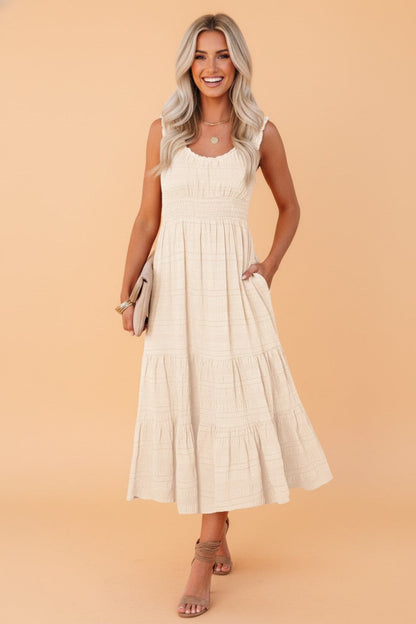 Shirred Pleated Square Neck Sleeveless Midi Dress