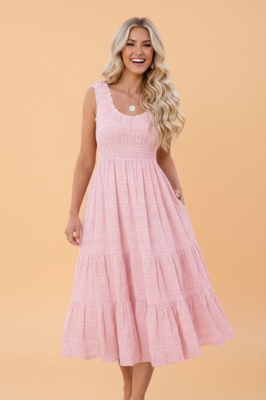 Shirred Pleated Square Neck Sleeveless Midi Dress